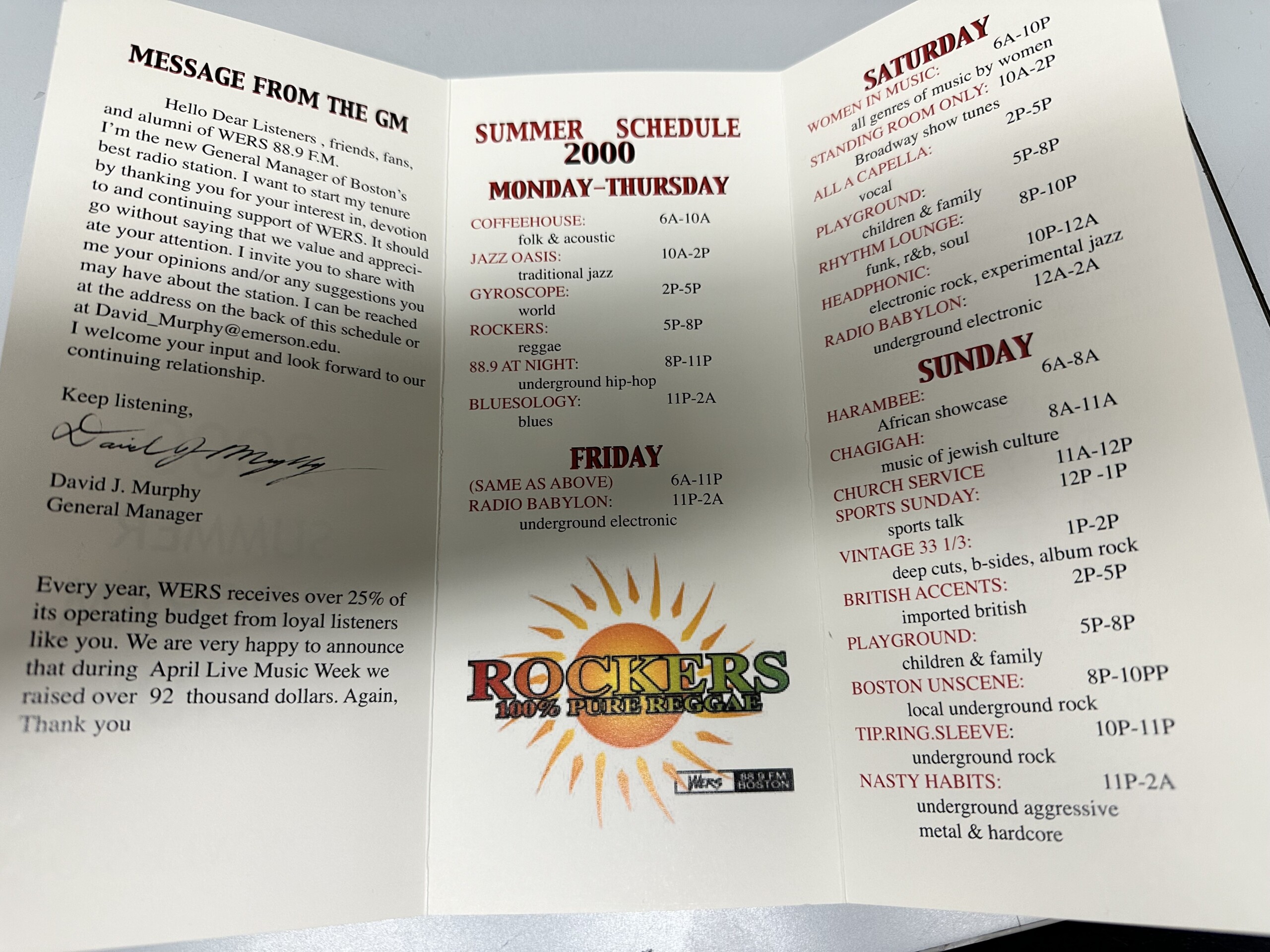 WERS' listener program guide from the summer of 2000, after 50 years of the station.