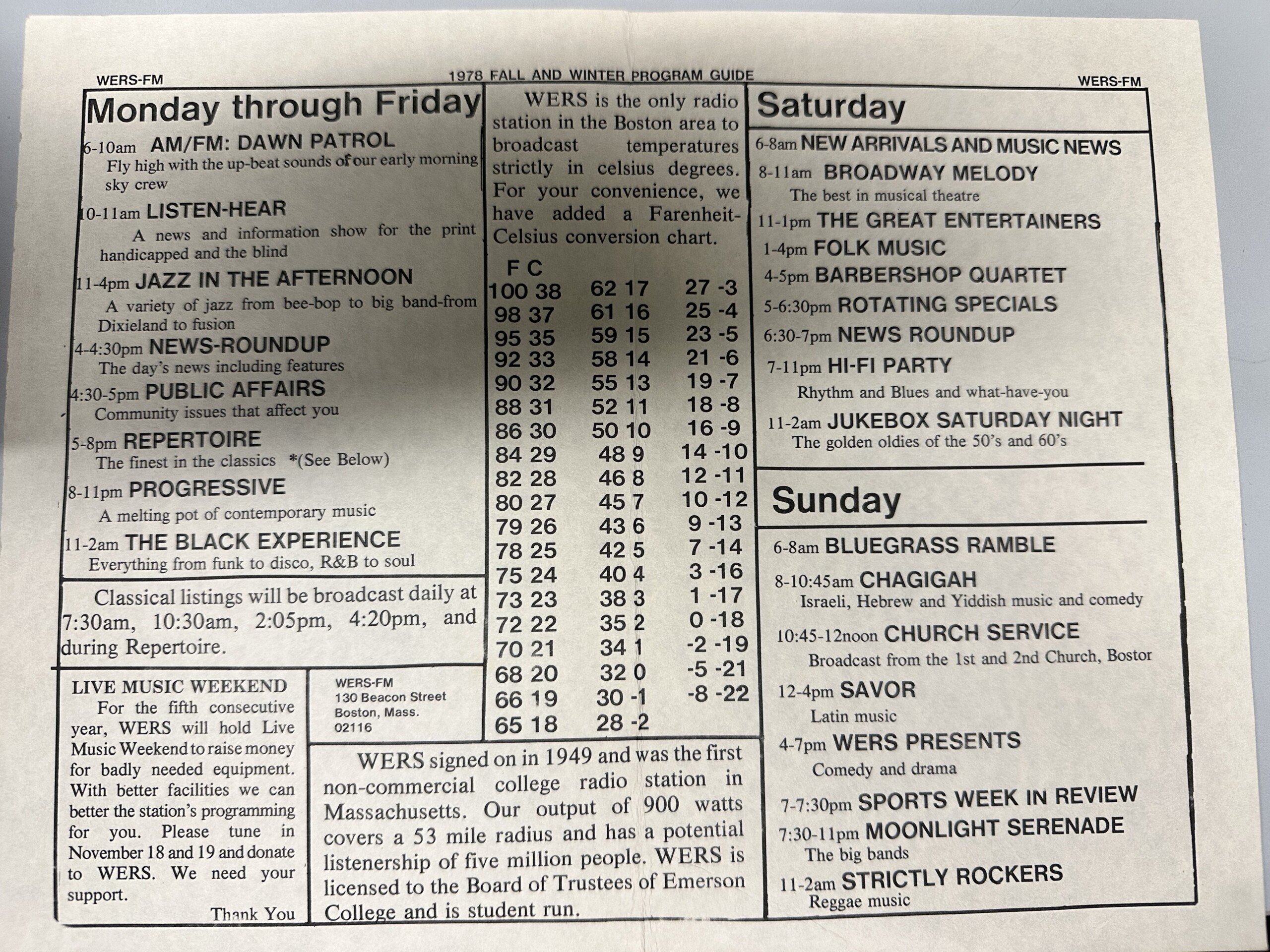 A print-out of WERS' programming schedule in 1978.