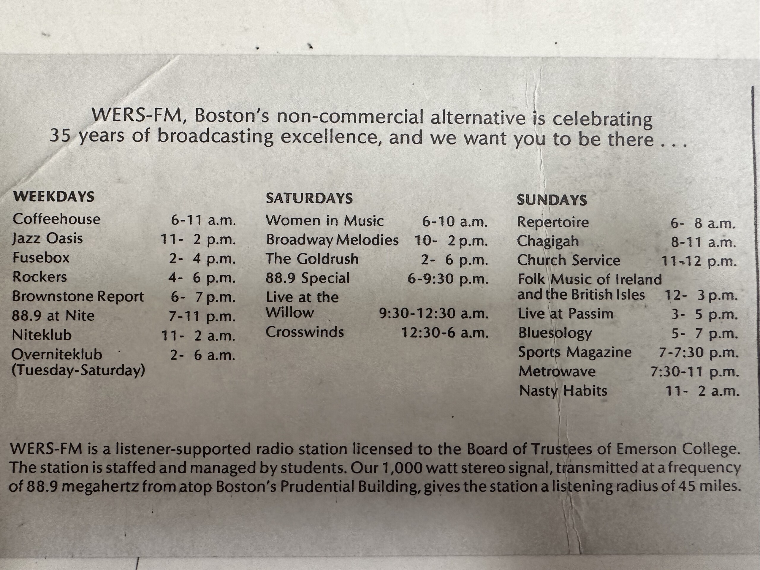 A print-out of WERS' programming schedule back in 1984.