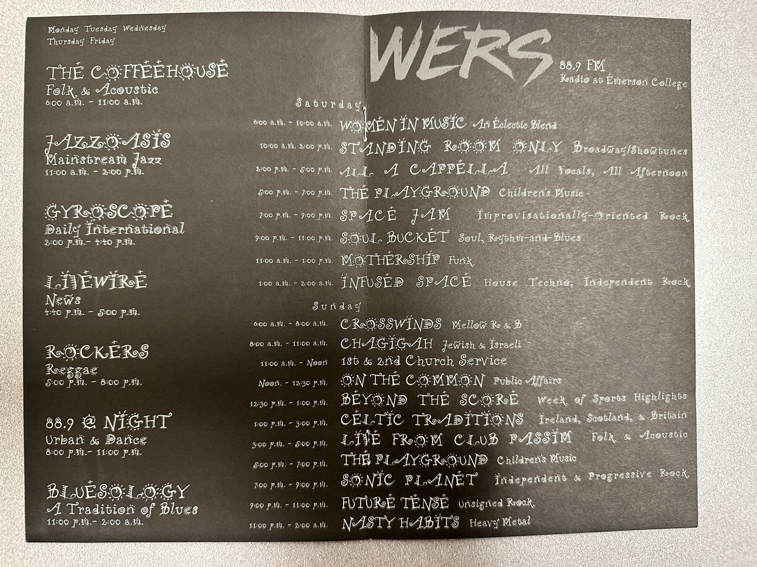 A print-out of WERS' programming schedule in Spring 1996.
