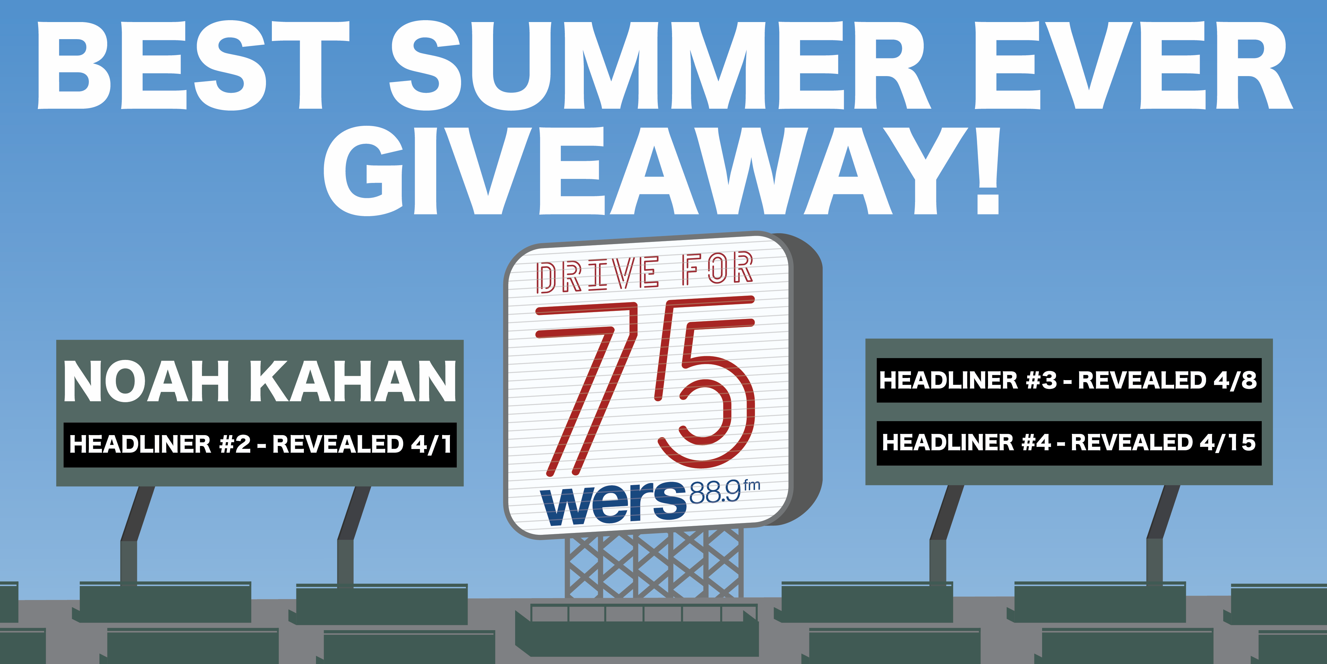 Graphics of Fenway stadium with a "Dive for 75 WERS 88.9" billboard and white text overhead that says "Best Summer Ever Giveaway!"