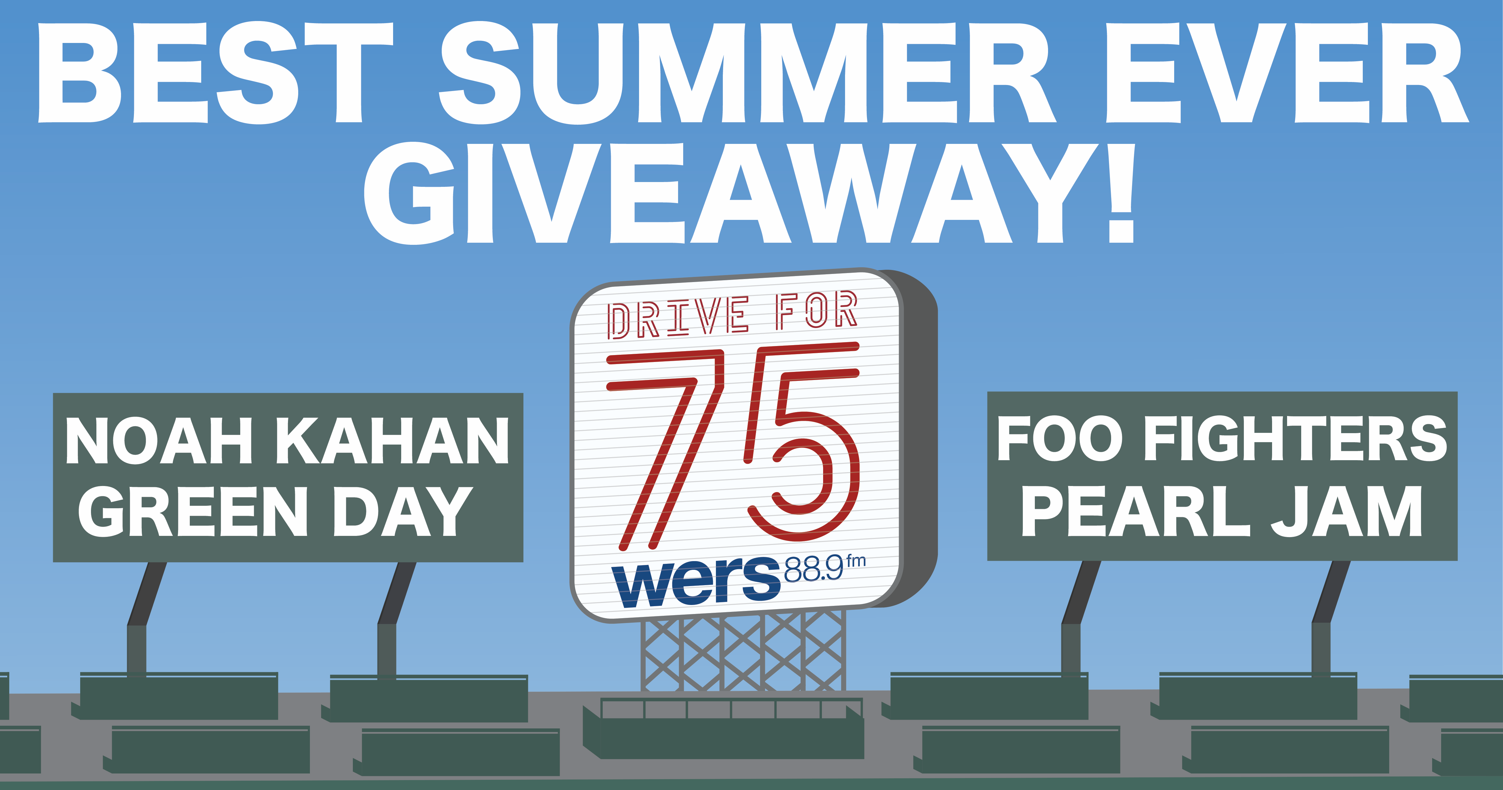 Best Summer Ever art contains the 75 in a Citgo-looking sign with a baseball park stadium showing signs for Noah Kahan, Green Day, Foo Fighters, and Pearl Jam