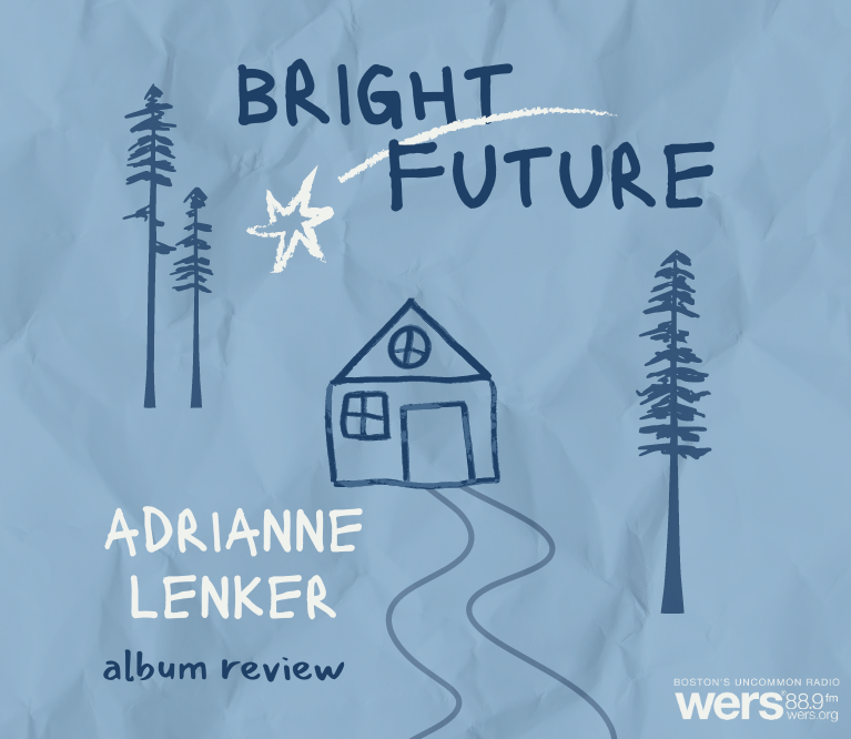 Graphics of a simple house in a forest, with a shooting star and the album title, "Bright Future" above. In the bottom left, text reads: "Adrianne Lenker album review"