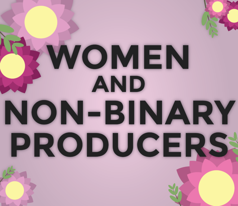 Graphic with a light purple background and multi-colored flowers in the corner, with white text overlayed that reads "Women and nonbinary producers"