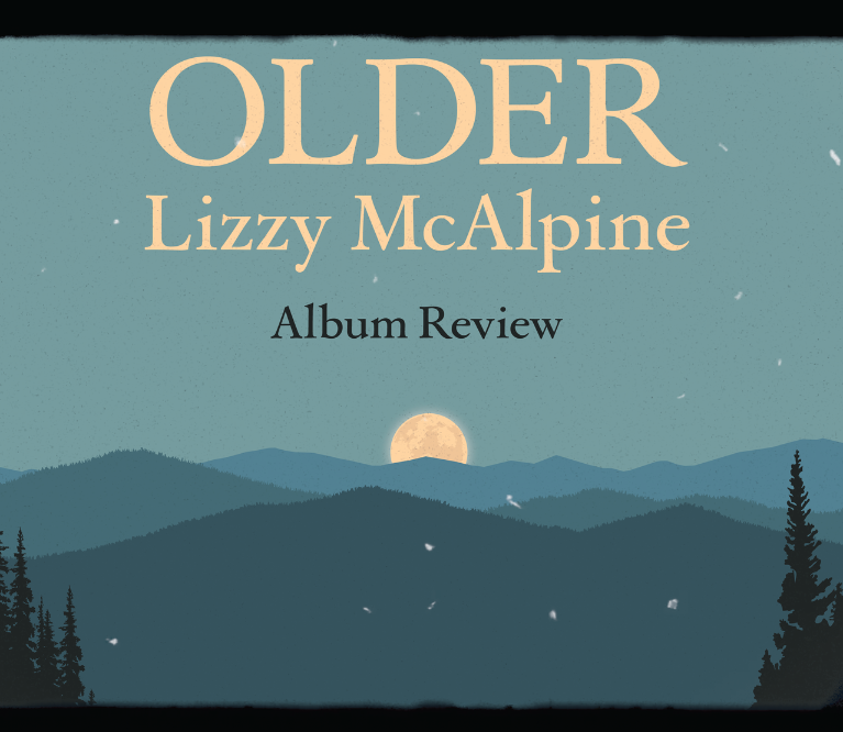 Graphics of a mountainous landscape in different shades of aqua. There is a light yellow sun rising, and light yellow letters that read: "Older, Lizzy McAlpine, Album review"