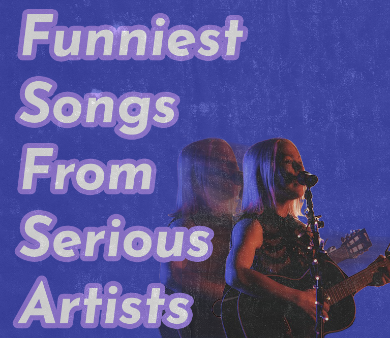 A photograph of Phoebe Bridgers playing the guitar is photoshopped onto a bright blue background with white text that reads "Funniest Songs From Serious Aritsts"