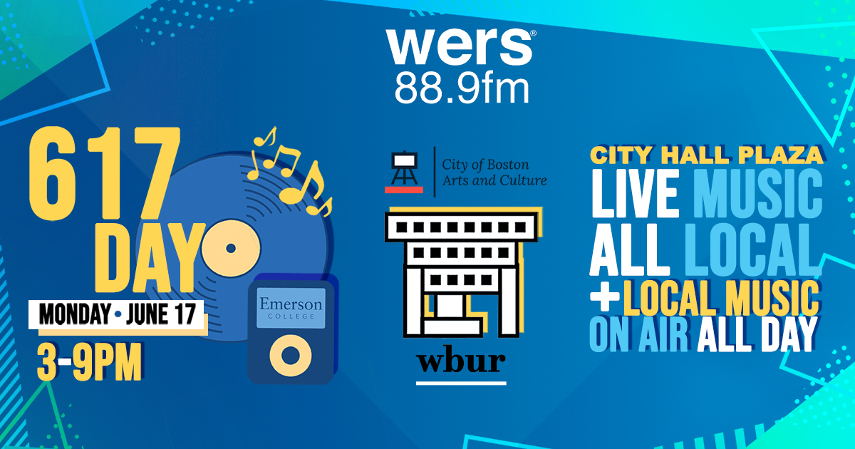 A blue and green banner that reads 617 Day and promotes WERS' local music all day and free concert on City Hall Plaza June 17.