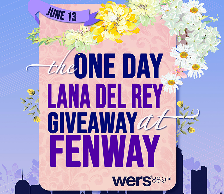 An illustration of a cityscape with a light purple sky. Layered on top is a pink square with a flower crown wrapped around it and with purple text reading: "The one day Lana Del Rey giveaway at Fenway, WERS 88.9"
