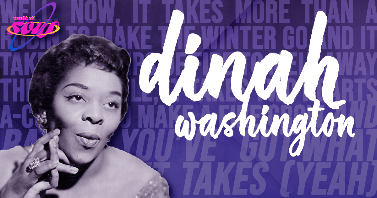 A photograph of Dinah Washington sits on an illustrated dark purple background with light purple lyrics written by Washington. Layered on top is the name "Dinah Washington" in a large, white cursive font