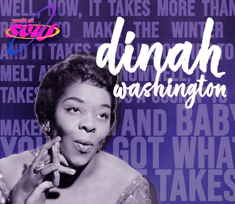 A photograph of Dinah Washington sits on an illustrated dark purple background with light purple lyrics written by Washington. Layered on top is the name 