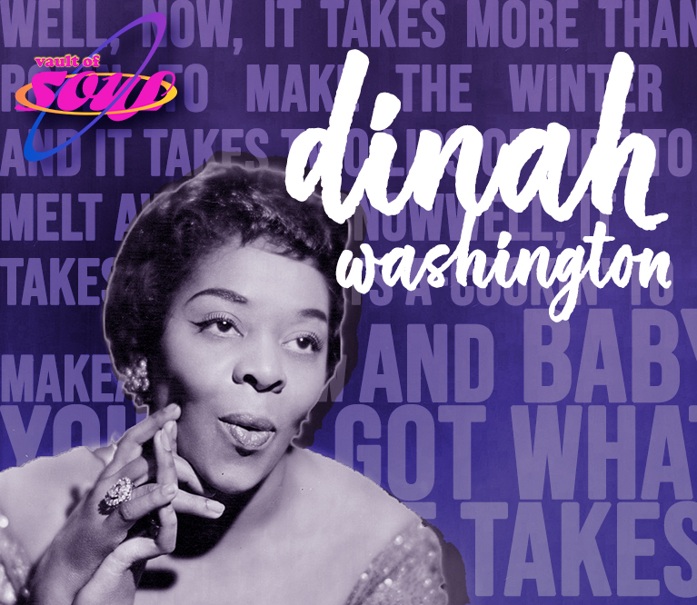 A photograph of Dinah Washington sits on an illustrated dark purple background with light purple lyrics written by Washington. Layered on top is the name "Dinah Washington" in a large, white cursive font