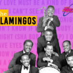 A black and white photograph of seven members of soul group the Flamingos on a light purple background with lyrics from the Flamingos overlayed in a darker shade of purple. A yellow rectangle has black text that reads: "The Flamingos" and in the top right is "The Vault of Soul" logo.