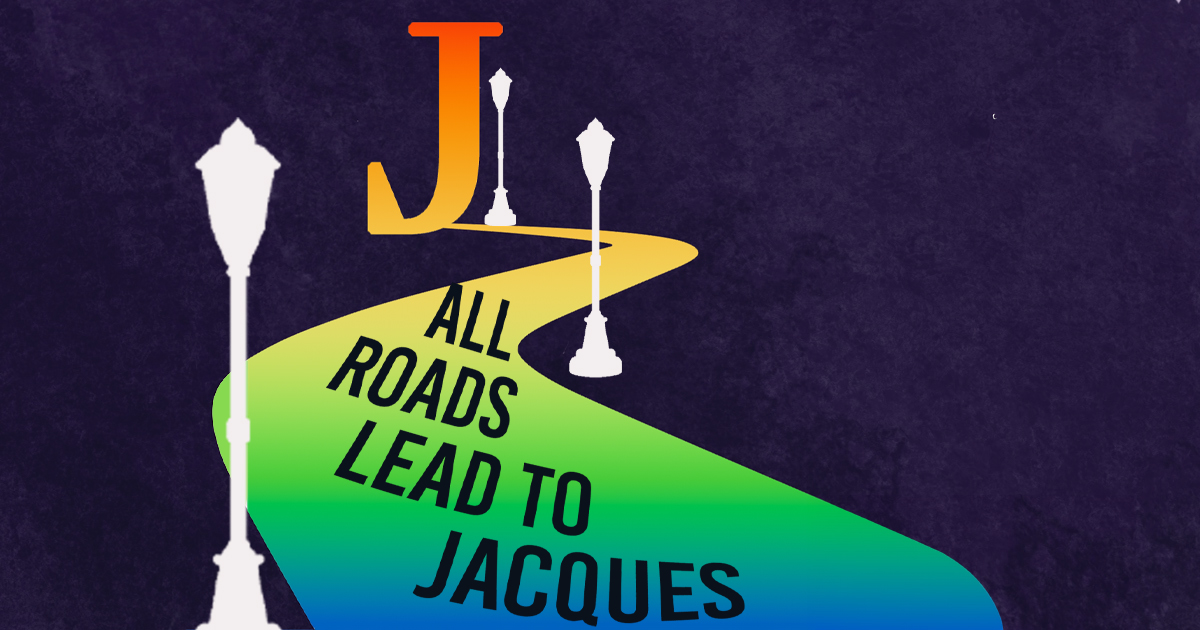 Illustration of a winding road colored with a rainbow gradient. At the end is a large letter "J". The background is dark purple and reads "All Roads Lead To Jacque's"