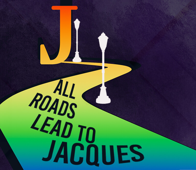 Illustration of a winding road colored with a rainbow gradient. At the end is a large letter 