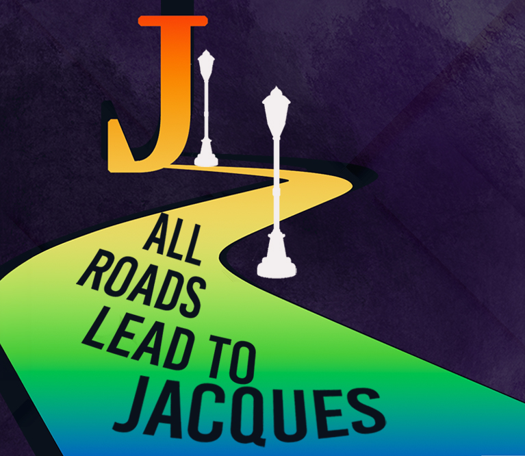 Illustration of a winding road colored with a rainbow gradient. At the end is a large letter "J". The background is dark purple and reads "All Roads Lead To Jacque's"