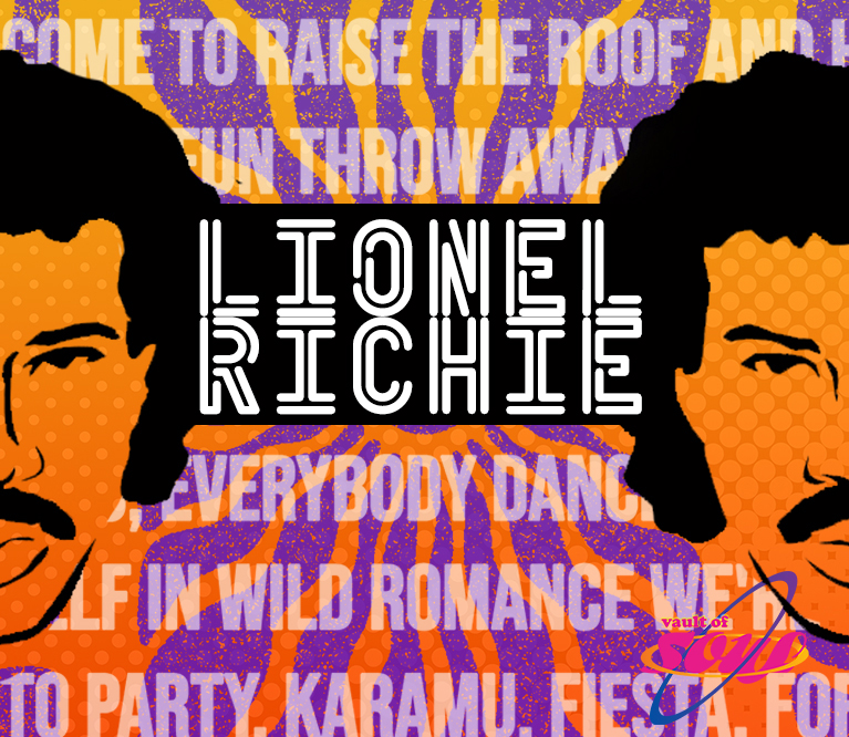 An orange and purple tie dye design with Lionel Richie lyrics overlayed. In the center, there is a black rectangle with white text reading "Lionel Richie," and an illustration of Lionel Richie's face is mirrored to the left and right.