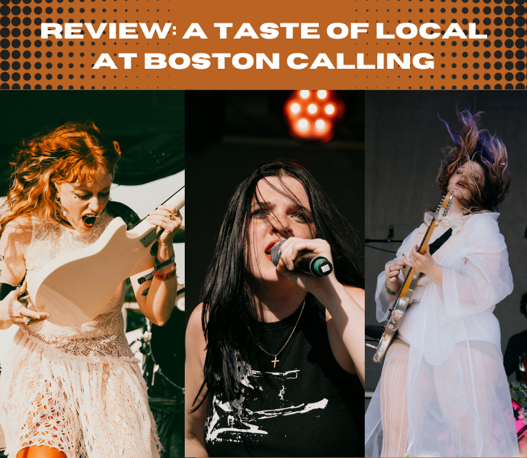 A collage of three photographs taken of Paper Lady, JVK and Tysk Tysk Task at Boston Calling. Above the photos is an orange banner with white text that reads: 