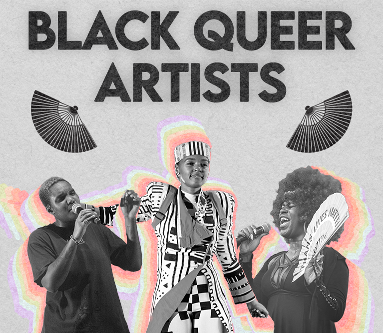 A photograph collage of Arlo Parks, Janelle Monae and Shay Diamond surrounded by pastel, rainbow colors. The rest of the background is grey with large, black letters that read: "Black Queer Artists"