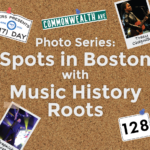 An illustration of a cork board with white text on top that reads: "Photo series: Spots in Boston with Music History Roots." Pinned to the board are a polaroid of "Dropkick Murphys" and of "Tracy Chapman," a road sign for Route 128, a Commonwealth Ave street sign, and a road sign advertising "WERS presents 617 Day"