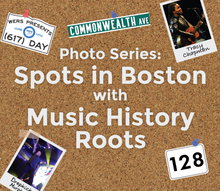An illustration of a cork board with white text on top that reads: "Photo series: Spots in Boston with Music History Roots." Pinned to the board are a polaroid of "Dropkick Murphys" and of "Tracy Chapman," a road sign for Route 128, a Commonwealth Ave street sign, and a road sign advertising "WERS presents 617 Day"
