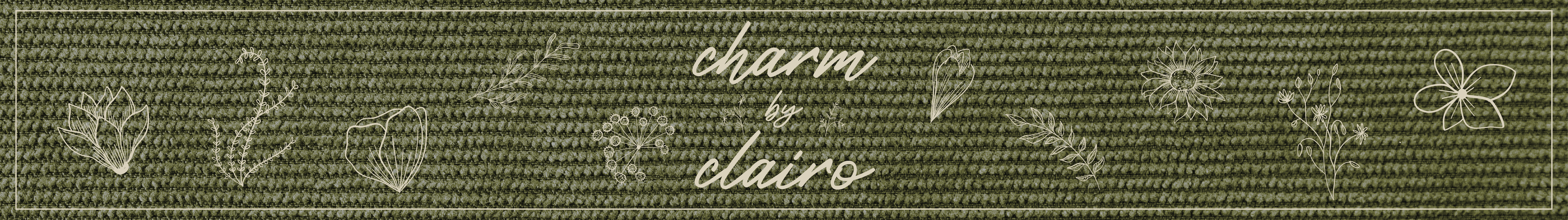 A collage illustration made to look like a forest green patch of fabric with white stitched embroidery of flowers and lettering, which reads: "Album Review, Charm by Clairo"