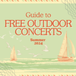 A postcard style illustration of sailboats in the ocean, with a mostly seafoam green, light yellow, and orange color palette. In orange letters reads: "Guide to Free Outdoor Concerts, Summer 2024"