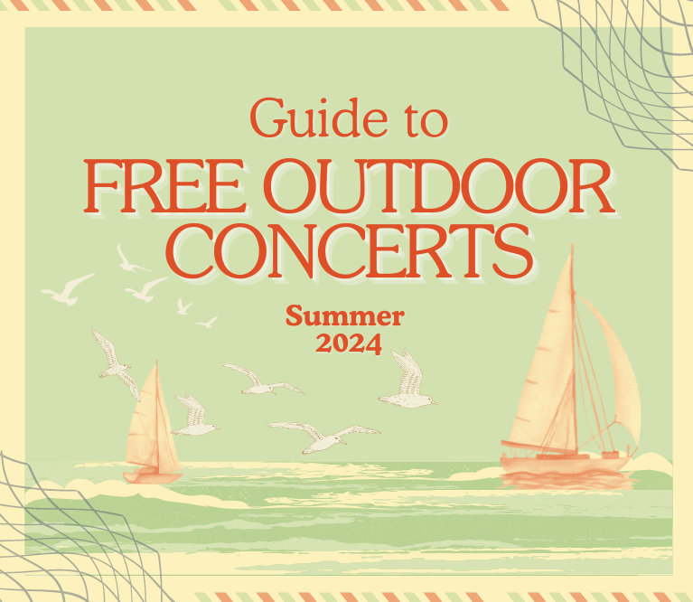 A postcard style illustration of sailboats in the ocean, with a mostly seafoam green, light yellow, and orange color palette. In orange letters reads: "Guide to Free Outdoor Concerts, Summer 2024"