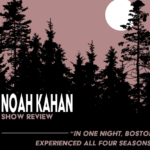 A graphic of trees against a mauve sky with a full moon peeking through the silhouette of them.