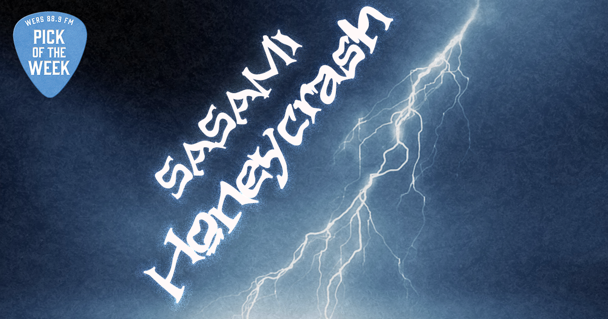 A rural summer landscape is beneath a stormy sky. Lightning bolts crash down to the ground, with "Sasami" and "Honeycrash" in jagged white font.