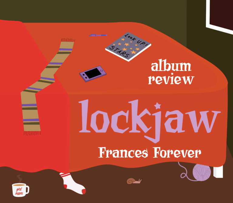 An illustration of a bedroom scene. Red bed sheets hover over a brown floor. Various objects are under and top of the bed. There is a sock, a ball of yarn and a snail, diary, scarf, etc. In white and light purple text are the words: "Album review: Lockjaw, Frances Forever"