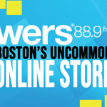 Large, bolded, white and black text reads "WERS 88.9 Boston's Uncommon Online Store" against a light blue background with yellow rectangular accents at top left and bottom right.