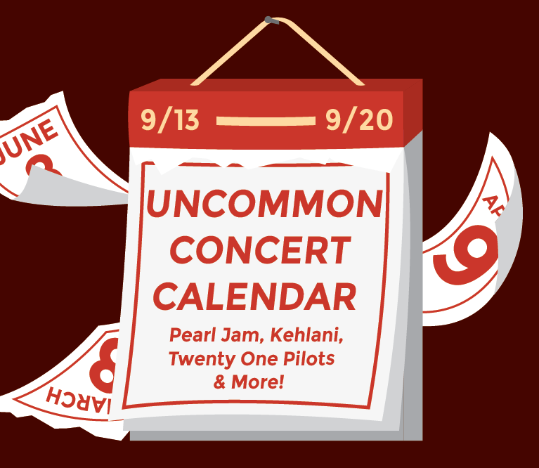 Graphic of a calendar with a red background with text that reads: "Uncommon Concert Calendar: September 14-September 20, Pearl Jam, Kehlani, Twenty One Pilots & More!"