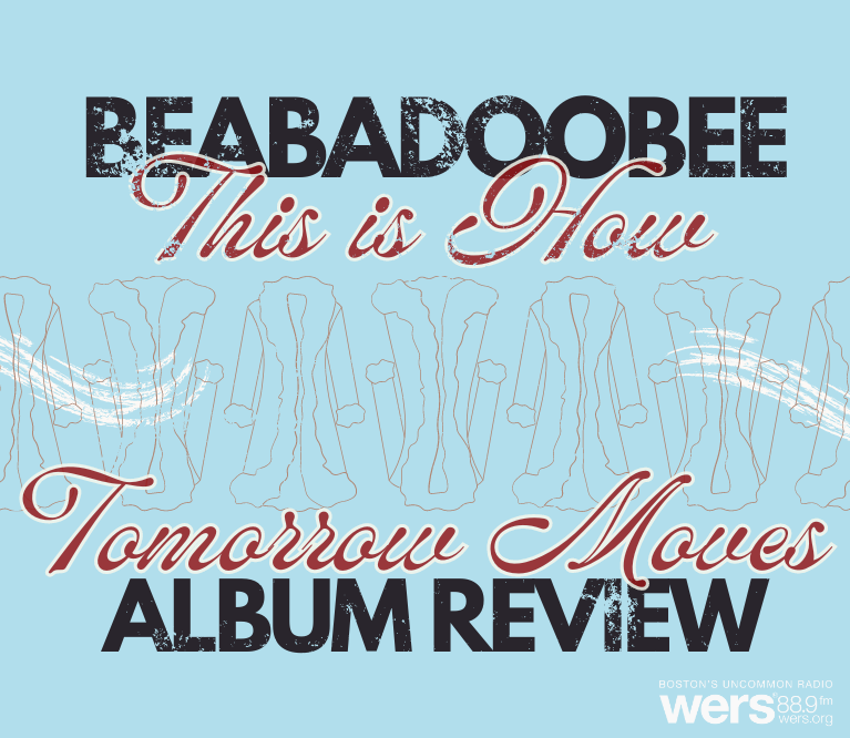 Grey outlines of winter coats and white streams of wind cover a baby blue background. Black lettering states: "Beabadoobee" and "Album Review," while red lettering reads, "This is How Tomorrow Moves."