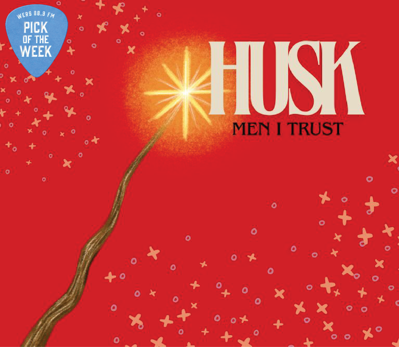 A bright red background is covered with various yellow stars and a wooden wand with a light at the end. In front of the light are the word "Husk" and "Men I Trust."