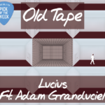 Liminal white spaces with multiple doorways and red carpeting surrounds a vortex. A small figure walks on the right side. Text reads "Old Tape" near the top of the image and "Lucius Ft. Adam Granduciel" near the bottom.