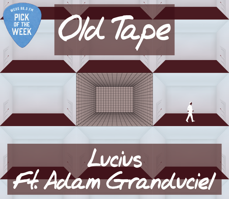 Liminal white spaces with multiple doorways and red carpeting surrounds a vortex. A small figure walks on the right side. Text reads "Old Tape" near the top of the image and "Lucius Ft. Adam Granduciel" near the bottom.