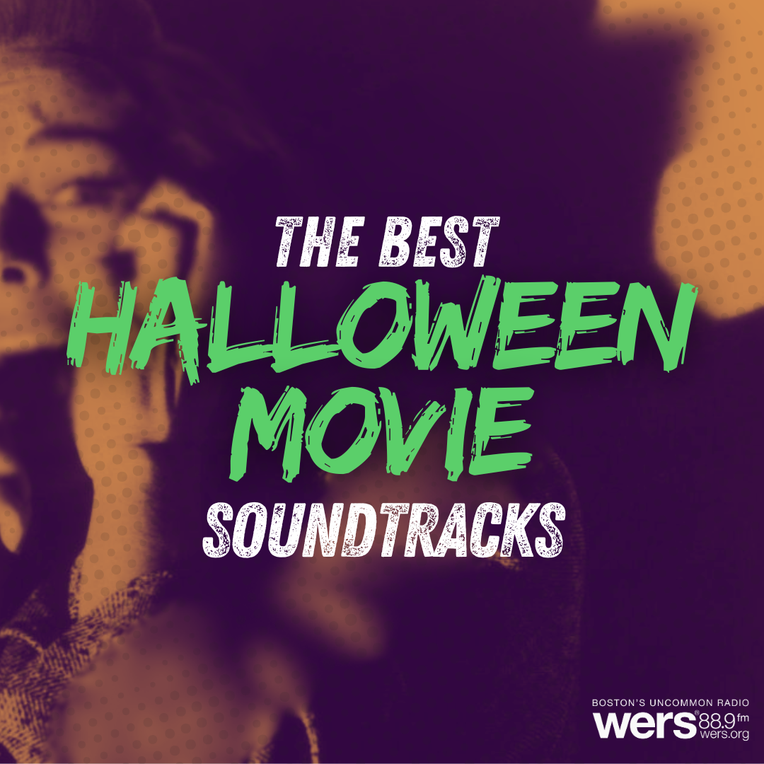 A screaming woman is tinted purple ahead of an orange background. White and green writing reads "The Best Halloween Movie Soundtracks."