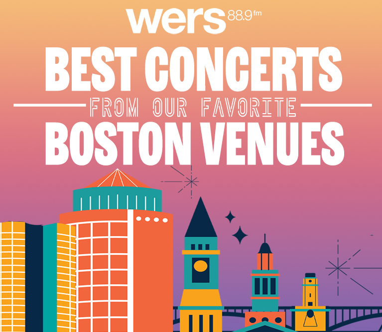 A pink, yellow, and purple skyline fade behind a blue and yellow cityscape. White text reads "Best Concerts From Our Favorite Boston Venues" in front of the city.