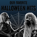 Phoebe Bridgers and Taylor Swift are on the right and left side of a cobweb. Black writing on a dark blue background reads "Our Favorite Halloween Hits."