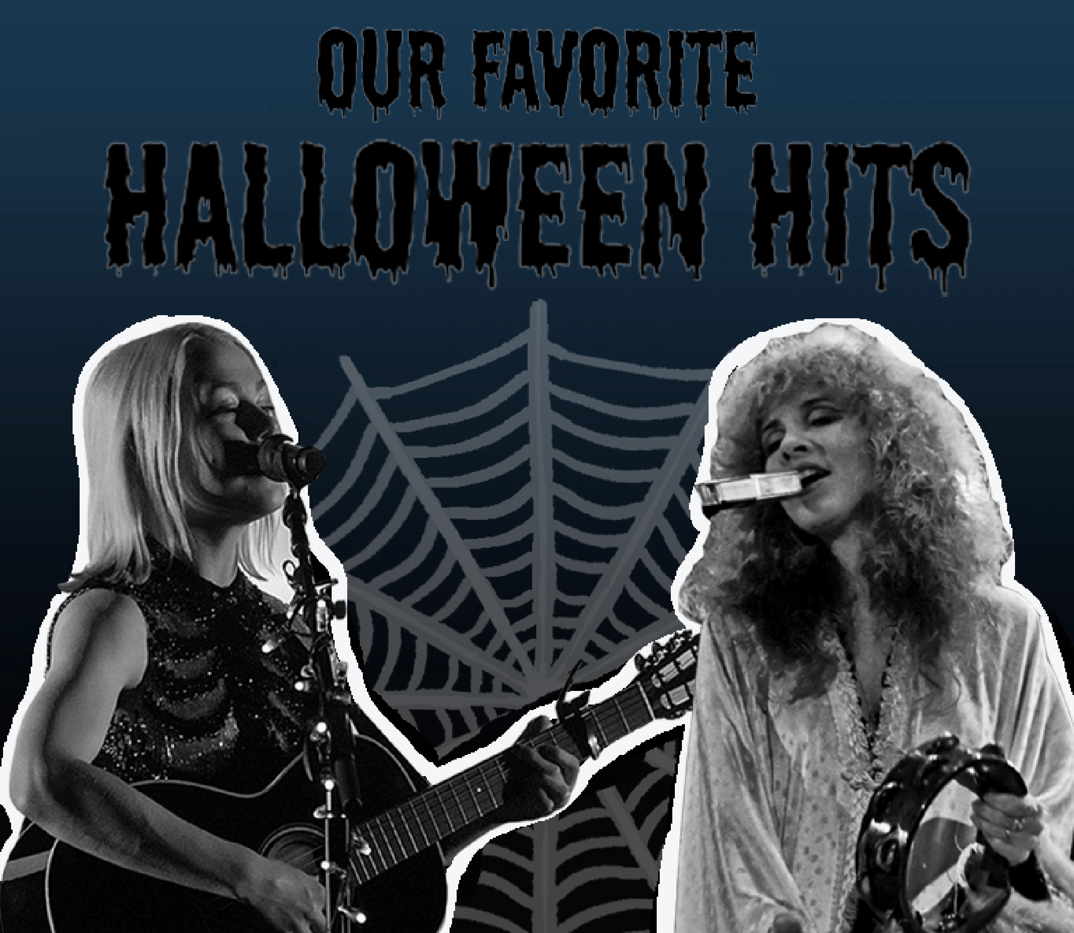 Phoebe Bridgers and Taylor Swift are on the right and left side of a cobweb. Black writing on a dark blue background reads "Our Favorite Halloween Hits."