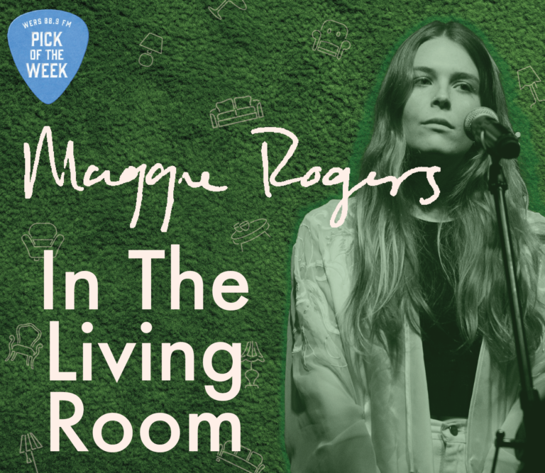 A green wallpaper with outlines of couches is set behind a green tinted photo of Maggie Rogers. Text reads "Maggie Rogers" and "In The Living Room."