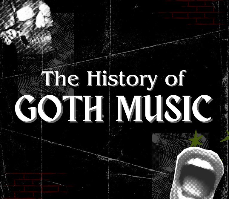 A black, ominous background displays white lines and an eery open mouth. Text reads, "The History of Goth Music."