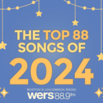 Blue graphic with yellow and gold lettering that reads "The top 88 songs of 2024." Gold stars hang around the lettering.