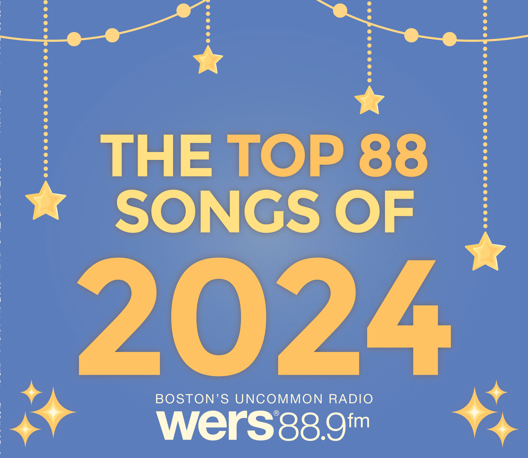 Blue graphic with yellow and gold lettering that reads "The top 88 songs of 2024." Gold stars hang around the lettering.