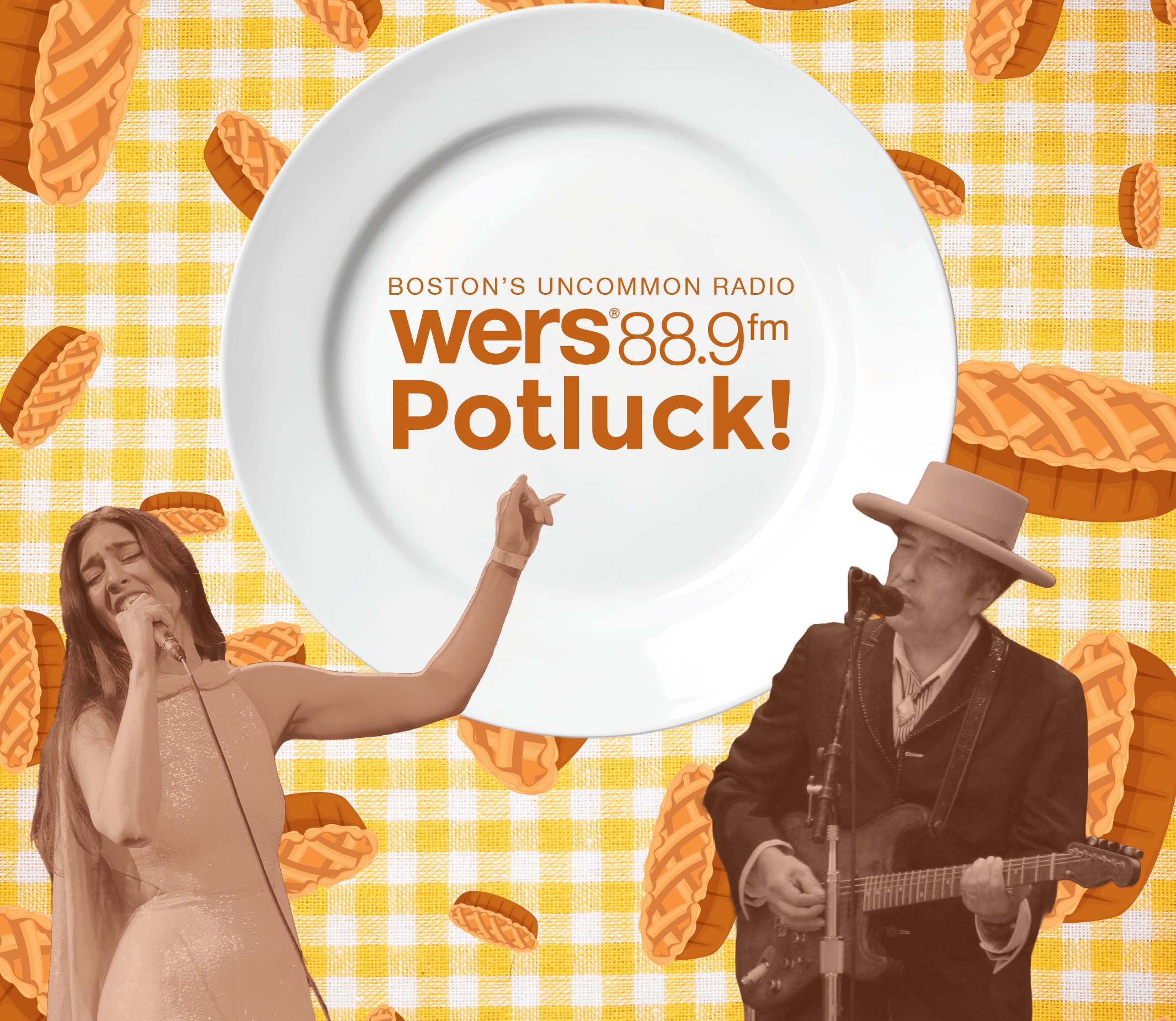 Bob Dylan and Weyes Blood sing in front of a plate reading "WERS 88.9FM Potluck." The backgorund is a plaid yellow and white picnic table with bread falling around it.