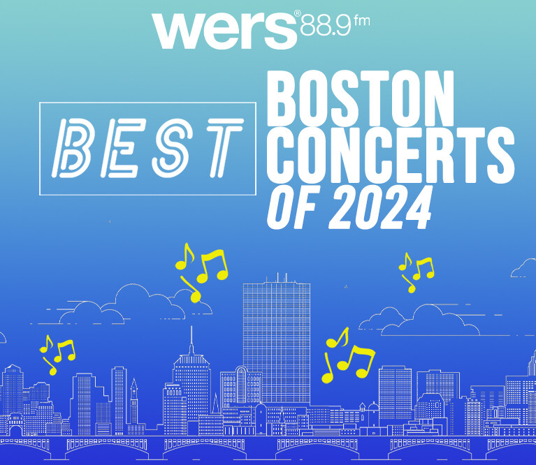 A blue and light green gradient background has a white outline of the Boston skyline with yellow music notes around it. White text reads 