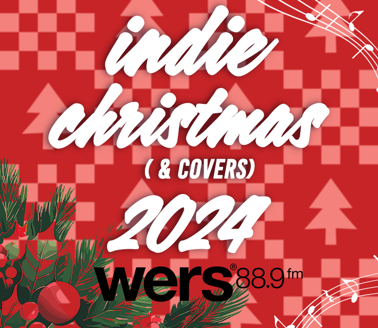 A red and white Christmas tree and checker pattern is the backdrop for white text that reads "Indie Christmas (& Covers) 2024." A Christmas tree with a red ornament has branches extending in the bottom left corner. Black text near the bottom center reads "WERS 88.9FM."