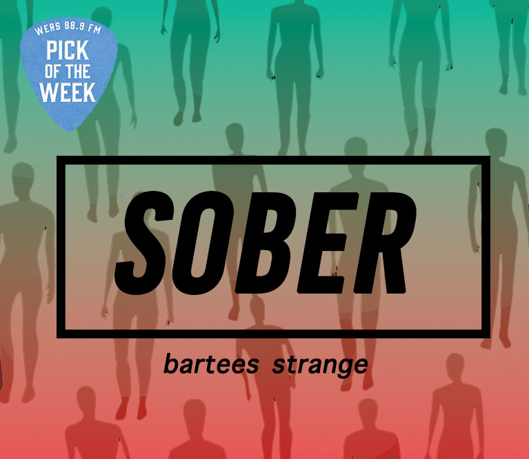 A gradient green and red backdrop has silhouettes of floating bodies. Black text in front of it says "Sober" and "Bartees Strange." The text "Sober" is bolded in a black rectangle.