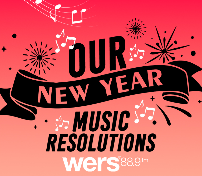 A red gradient background has white music notes and black, stylized text reading "Our New Year Music Resolutions."