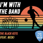 A retro graphic of a bowler has horizontal, rainbow lines. The bowler's silhouette is visible.Text reads "I'm With The Band" and "The Black Keys (feat. Beck)"